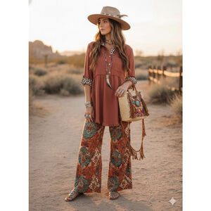 Umgee Boho Linen Blend Tunic Top Leopard Print Roll Tab Sleeve Rust S Raw Hem